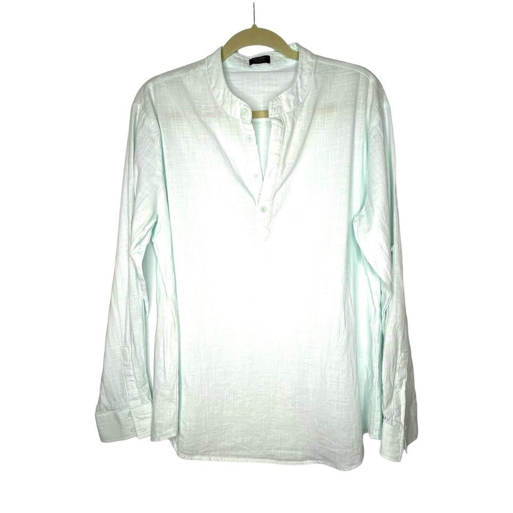 COOFANDY Shirt Mens Size L Light Blue Band Collar‎ Cotton Buttons Roll Sleeve